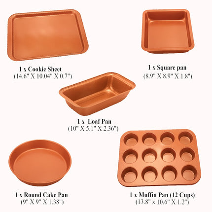 5 Pcs Baking Pans - Organic Eco Friendly Nonstick Coating - Premium Quality - Muffin Pan, Loaf Pan, Square Pan, Cookie Sheet, Round Pan - Bakeware Set - Wnkrs