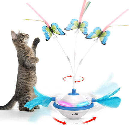 Juguete interactivo 3 en 1 con forma de OVNI para gatos con pluma, mariposa y luz LED