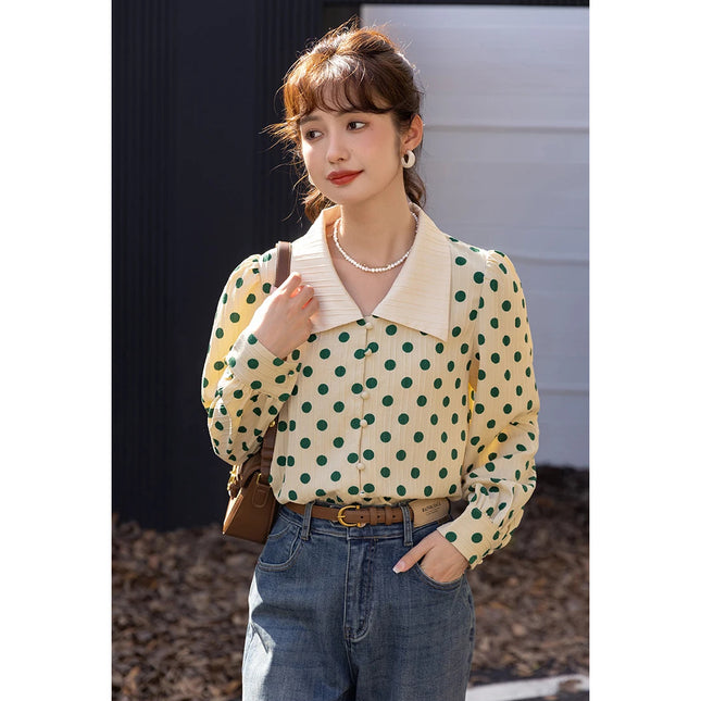 Vintage Polka Dot Polo-Neck Blouse for Office Ladies