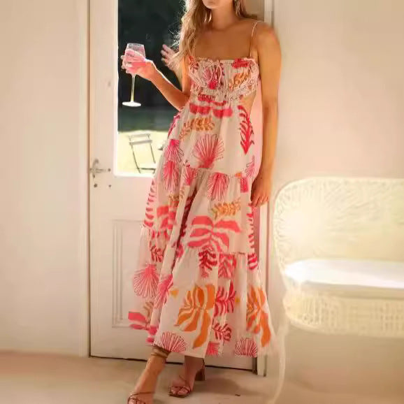 Robe à imprimé sans manches à col en V pour femme