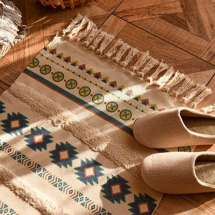 Tapis de sol tissé à pampilles minimaliste en coton et lin