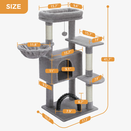 Árbol para gatos de 120 cm con cepillo para el cuidado personal, poste rascador, casa para posarse y pelota colgante