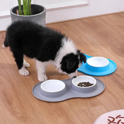 Cuencos dobles antisalpicaduras para comida de perros grandes con tapete de silicona