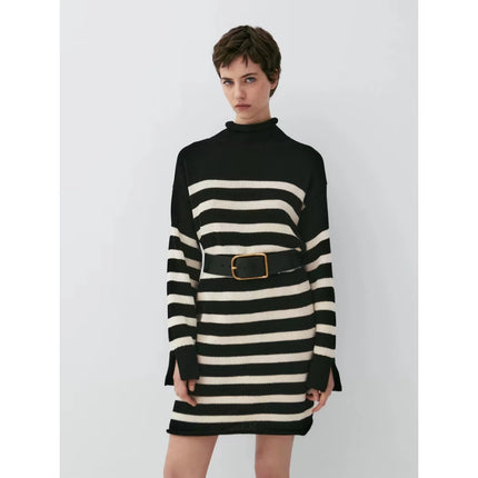 Autumn Slim-Fit Striped Turtleneck Knit Dress