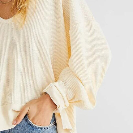 Sudadera de algodón de punto con cuello en V elegante para mujer