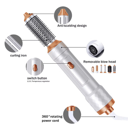 Brosse sèche-cheveux à air chaud 5 en 1 avec technologie ionique négative et accessoires amovibles