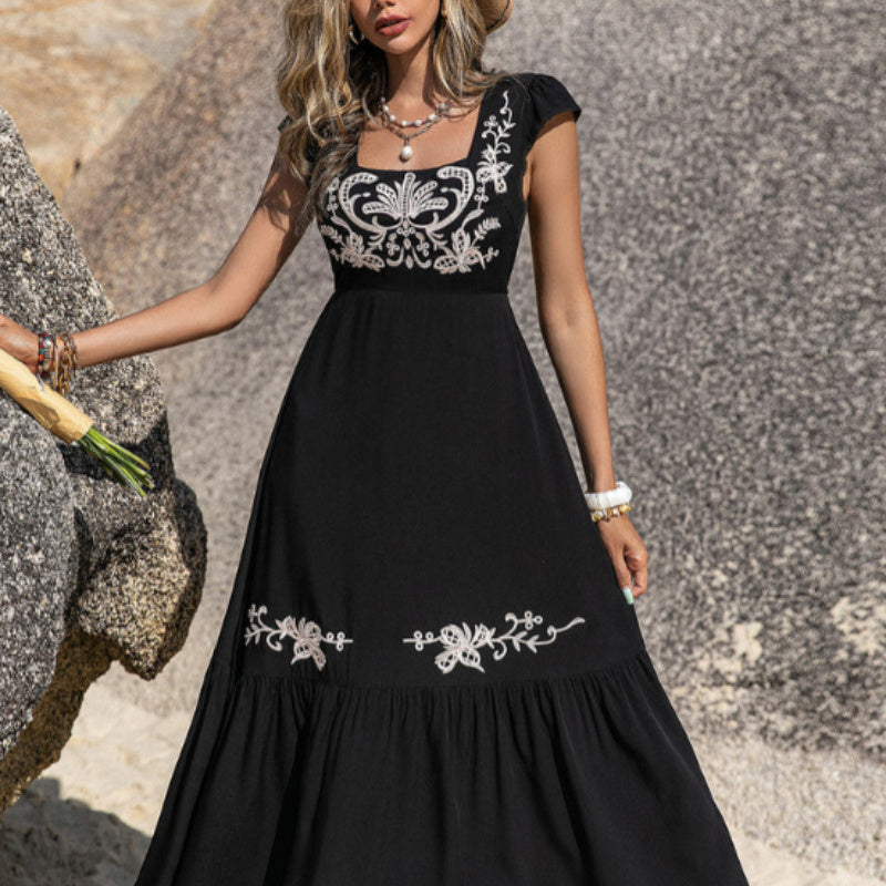 Square-Neck Embroidered A-Line Long Dress