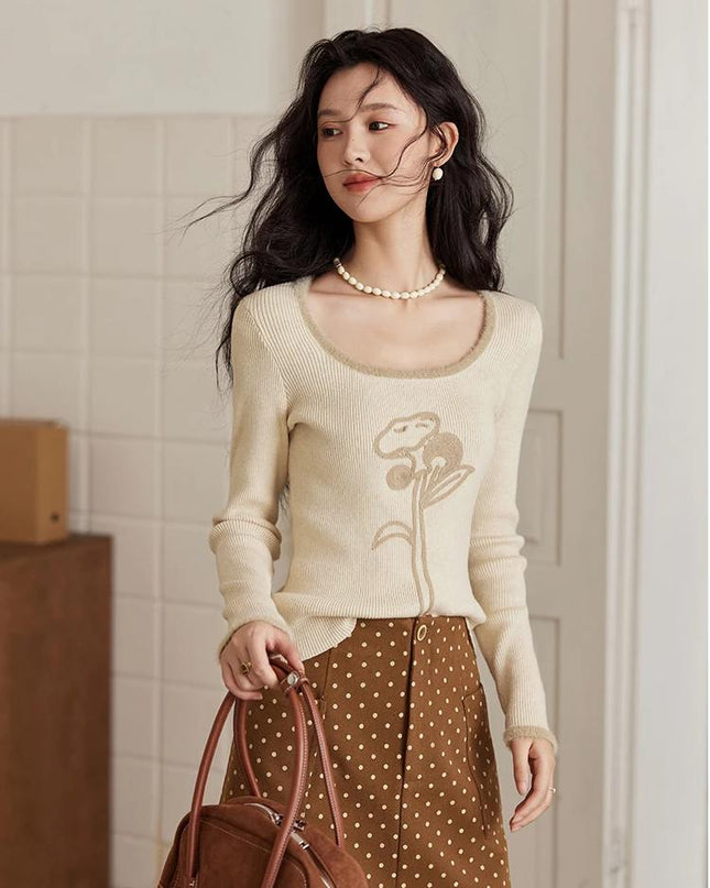 Pull à col en U brodé de fleurs pour femme