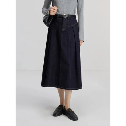 Jupe mi-longue trapèze élégante taille haute en denim foncé pour femme