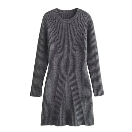 Textured Round Neck Long Sleeve Slim Knit Dress