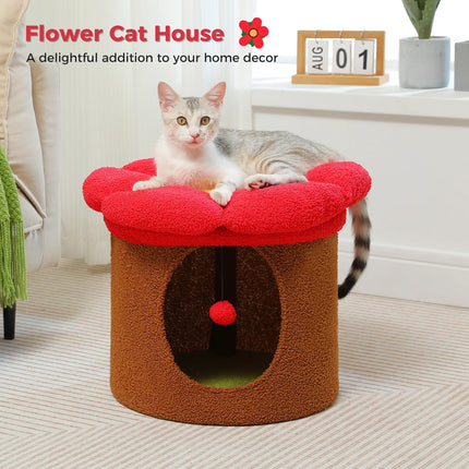 Acogedora casa para gatos con forma de flor y bola de pompón: condominio para gatos de dos pisos