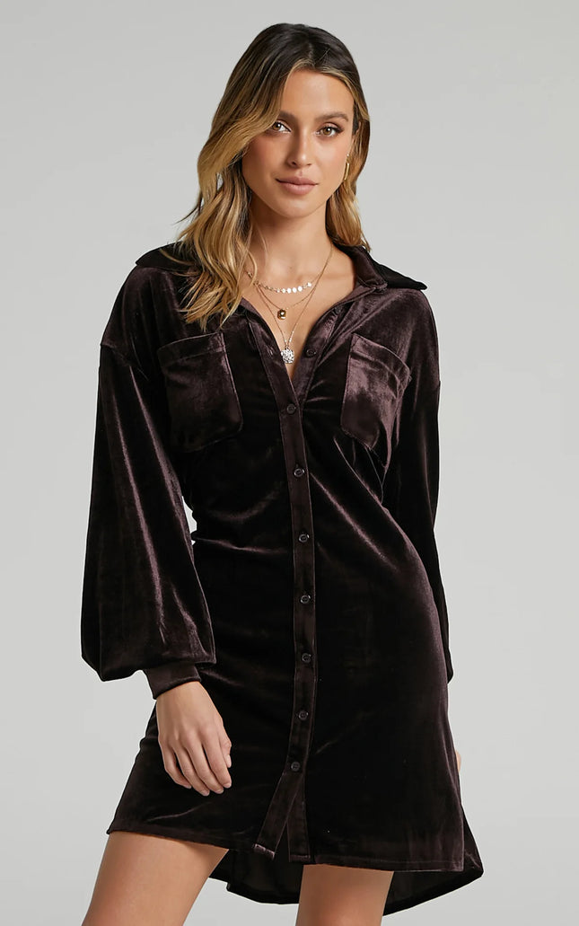 Mini-robe en velours à manches longues pour femme, automne