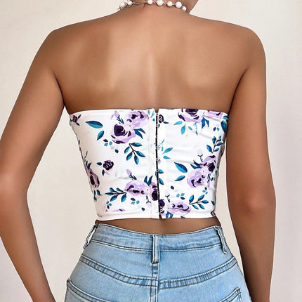 Top sin tirantes con corsé y estampado floral