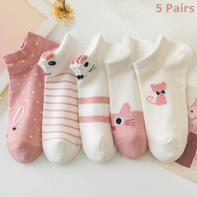 Lot de 5 paires de chaussettes basses en forme de chat rose mignon – Chaussettes bateau tendance et confortables