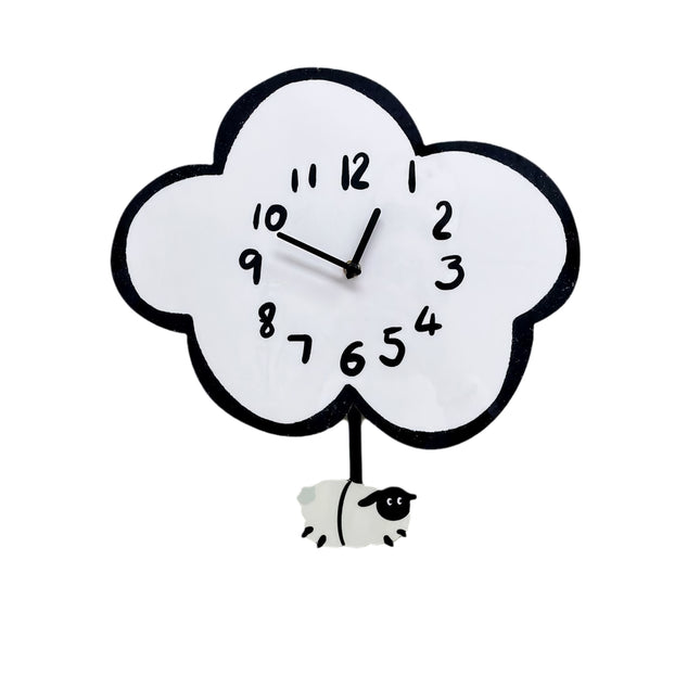 Reloj de pared oscilante con forma de oveja y nube de dibujos animados, silencioso, de 38 cm