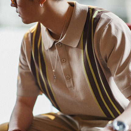 Camisas de bolos estilo polo de punto vintage con solapas de rayas en contraste