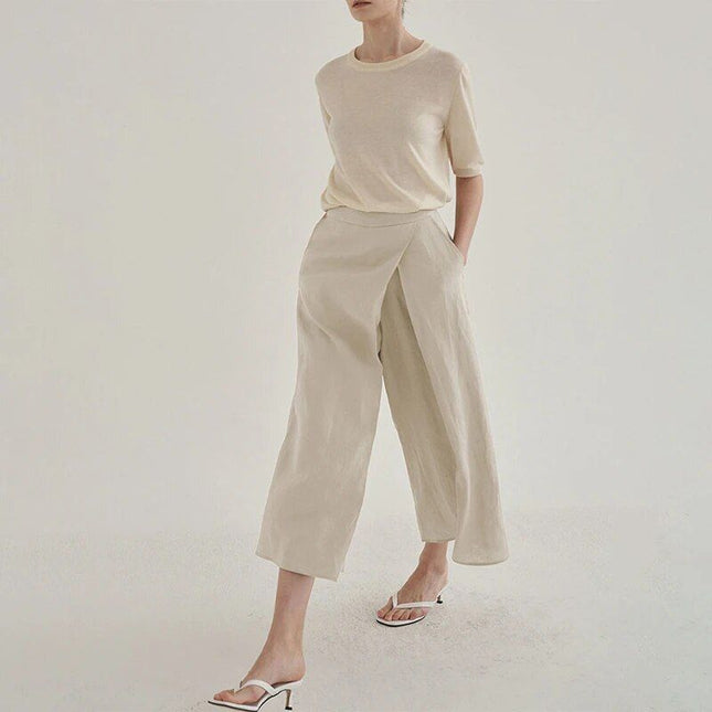 Pantalon large taille haute élégant en coton et lin pour femme