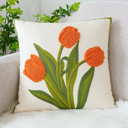 Housse de coussin brodée de fleurs de tulipe et d'orchidée