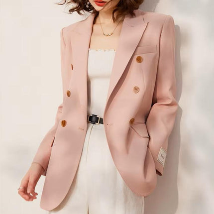 Blazer cruzado rosa primaveral para mujer: chaqueta de traje de oficina elegante