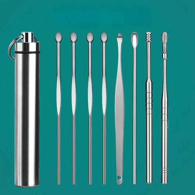 Ensemble d'outils de soins des oreilles en acier inoxydable - Kit de protection des oreilles et d'élimination de la saleté 8 pièces