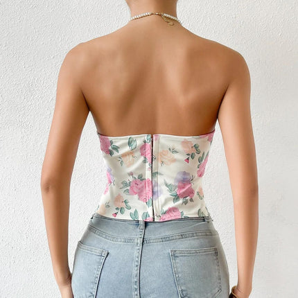 Top sin tirantes con corsé y estampado floral