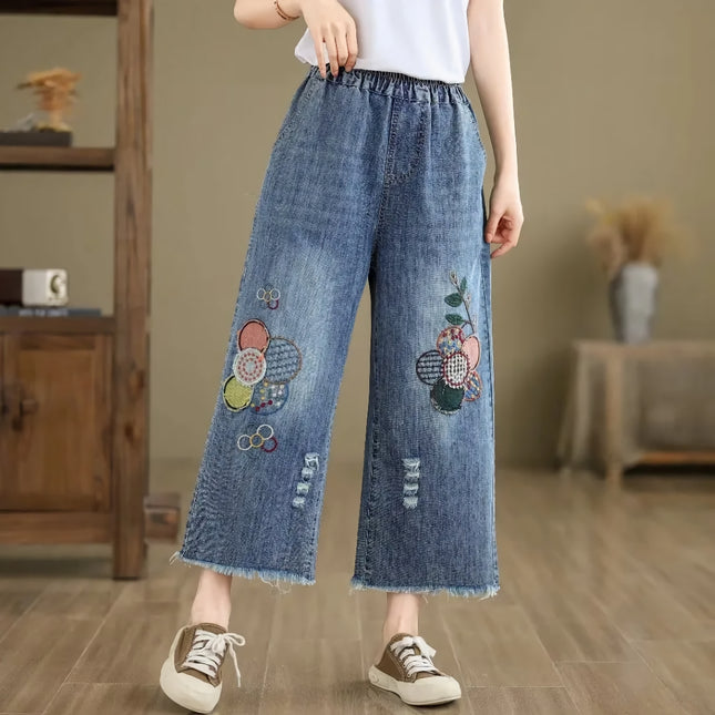 Vaqueros vintage con bordados florales para mujer