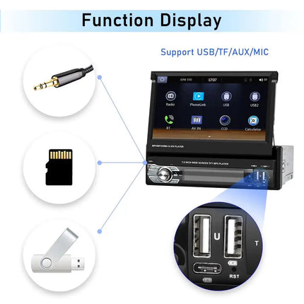 Autoradio avec écran tactile rétractable de 7 pouces avec CarPlay sans fil, Android Auto et caméra de recul