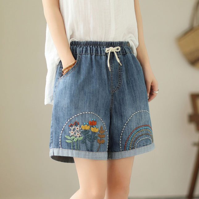 Short sarouel en denim brodé de fleurs