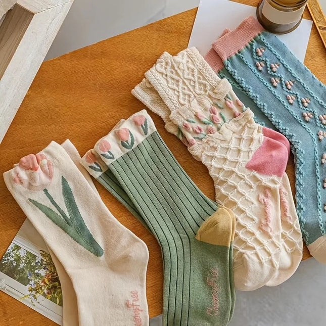 Lot de 4 paires de chaussettes à fleurs – Jolies chaussettes géométriques en coton mélangé à la cheville