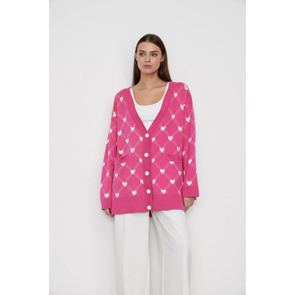 Cardigan tricoté oversize à col en V pour femme avec imprimé cœur