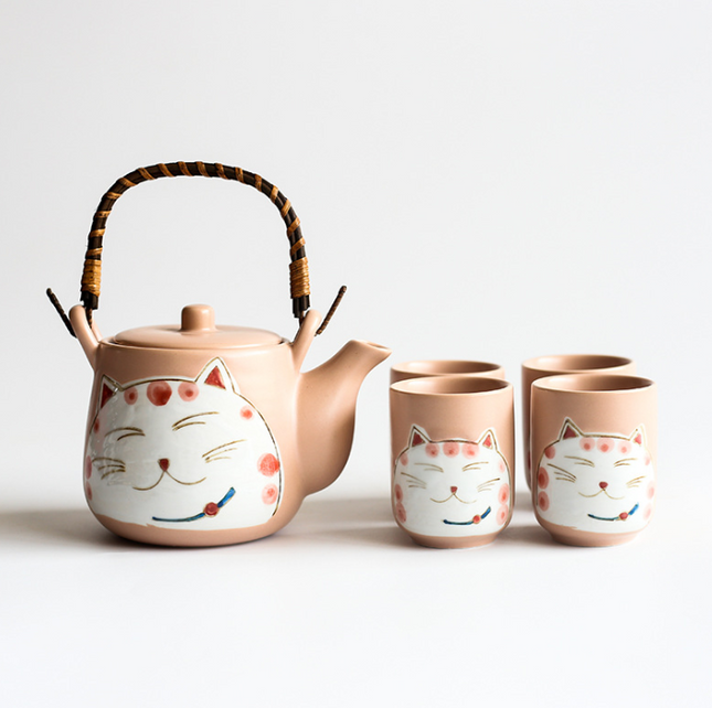 Creative Hand-painted Lucky Cat Ceramic Tea Set One Pot Four Cup Gift Set Home  Black Two - Wnkrs