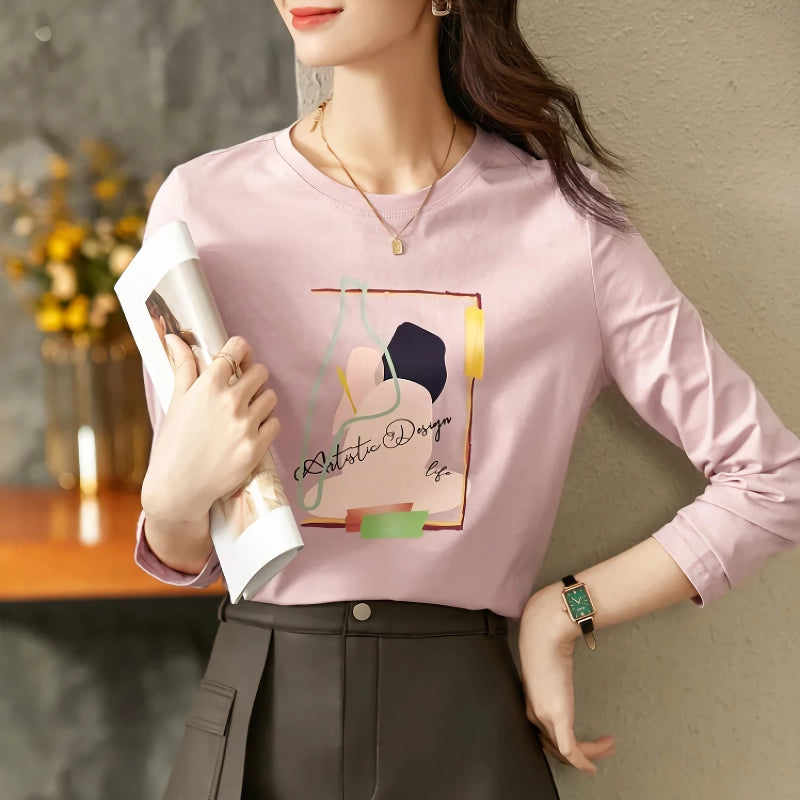 Pink Cotton Letter-Print O-Neck T-Shirt