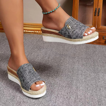 Sandalias de cuña de lona vaquera para mujer, zapatos de tacón alto de cáñamo a la moda para verano, con suela gruesa y boca de pescado para exteriores