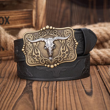 Ceinture en cuir PU style cowboy western avec décoration de taureau et gravure florale