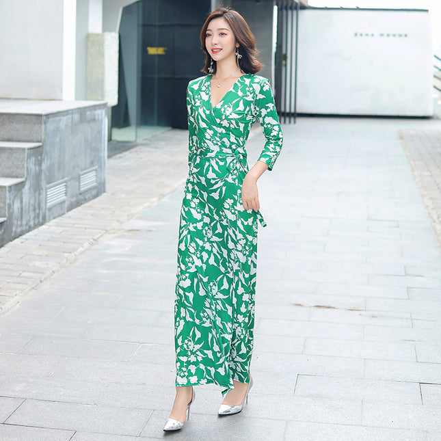 Vestido vintage cruzado de una pieza largo con encaje y estampado floral