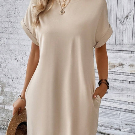 Loose Short Sleeve Dress With Pockets Summer Casual Solid Color Round Neck Straight Dresses Womens Clothing