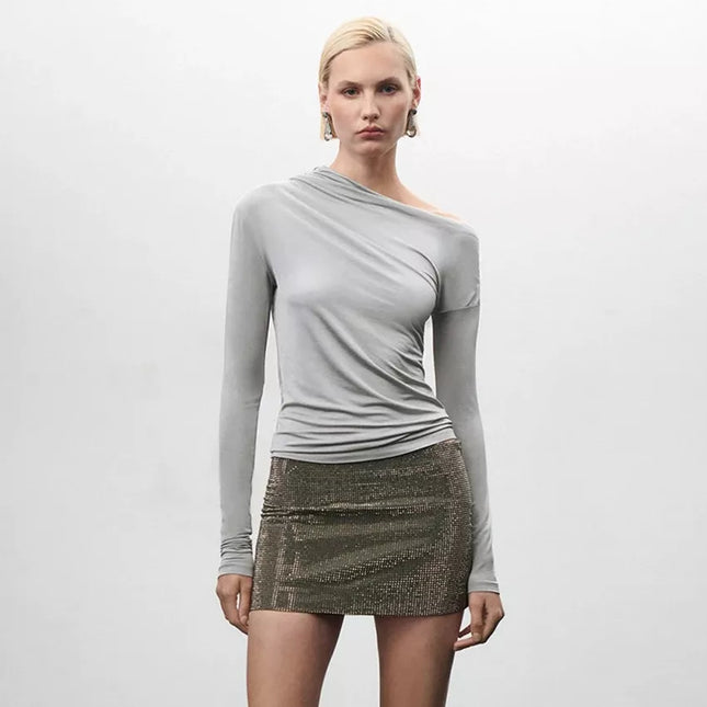 T-shirt froncé à col asymétrique gris