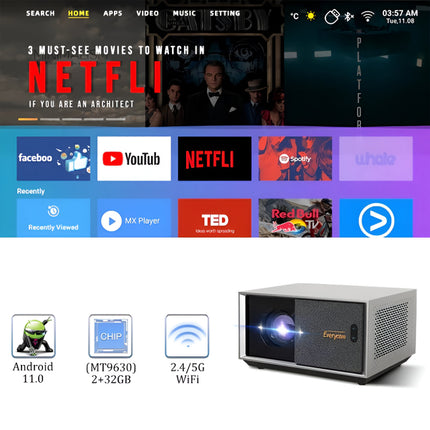 Proyector LED para cine en casa 4K, 12000 lúmenes, Android 11.0, WiFi 5G inteligente