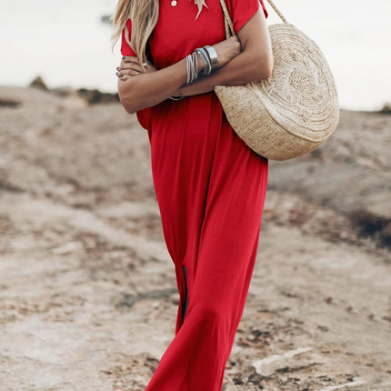 Vestido playero informal holgado con cuello redondo y manga corta