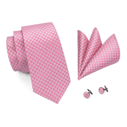 Corbata de seda a cuadros rosa y blanca: corbata formal de boda para hombre, pañuelo y gemelos