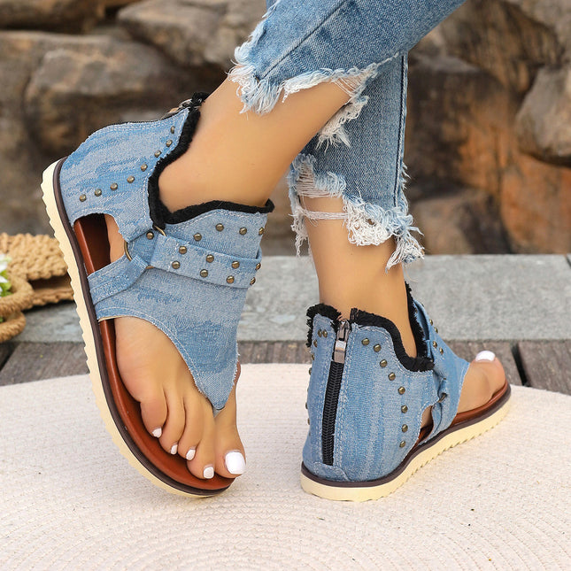 Sandales en jean avec fermeture éclair arrière Chaussures plates de plage rétro d'été pour femmes