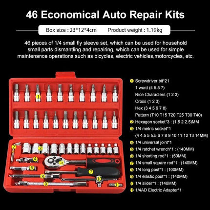 Complete 46-Piece 1/4" Socket Set with Ratchet & Wrench Combo – Professional Auto Mechanic Tool Kit - Wnkrs