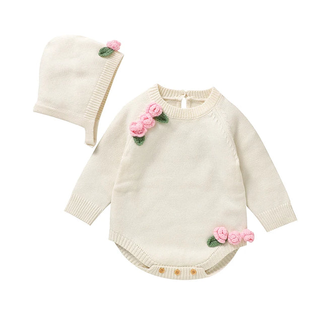 Body en tricot à manches longues pour nouveau-né fille avec chapeau floral 3D – Ensemble de 2 pièces