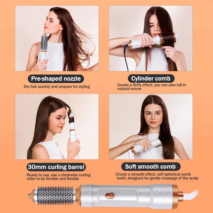 Brosse sèche-cheveux à air chaud 5 en 1 avec technologie ionique négative et accessoires amovibles