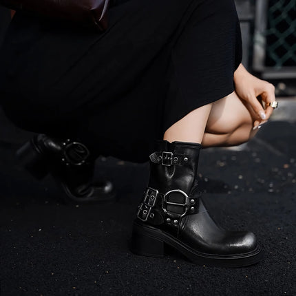 Botas de moto con estilo retro para mujer, con correas de hebilla y tobillo