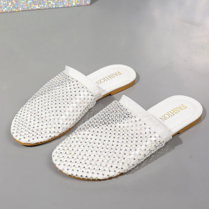 Sandalias transparentes con punta hueca y diamantes de imitación para mujer, zapatillas de verano a la moda para exteriores, zapatos planos