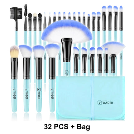 Juego de 32 pinceles de maquillaje azules: kit de cosméticos de belleza suaves y esponjosos para base, polvos, sombras de ojos, rubor y más