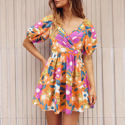 Vestido con cuello en V y mangas abullonadas con estampado de flores Y2K para vacaciones de verano, vestidos cortos de playa, ropa de moda para mujer