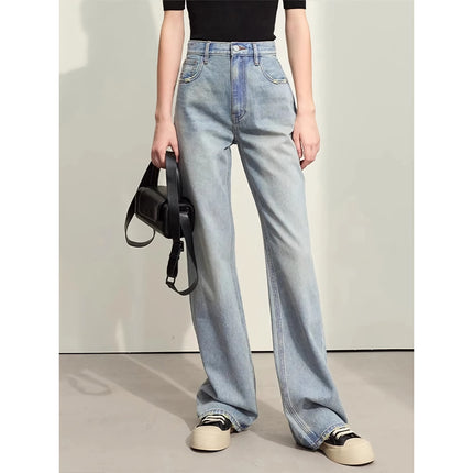 Pantalon en denim droit délavé minimaliste pour femme