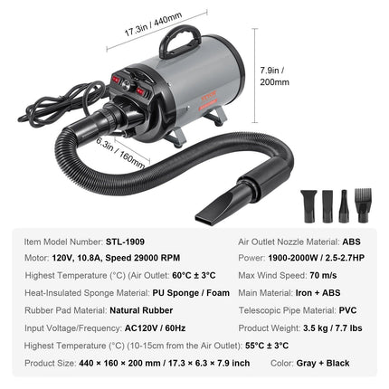 High-Efficiency 2000W Pet Hair Dryer with Adjustable Speed & Temperature Control - Wnkrs